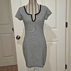 Heart&Hips Women Black White Stripes Shirt Bodycon style Mini dress Size L